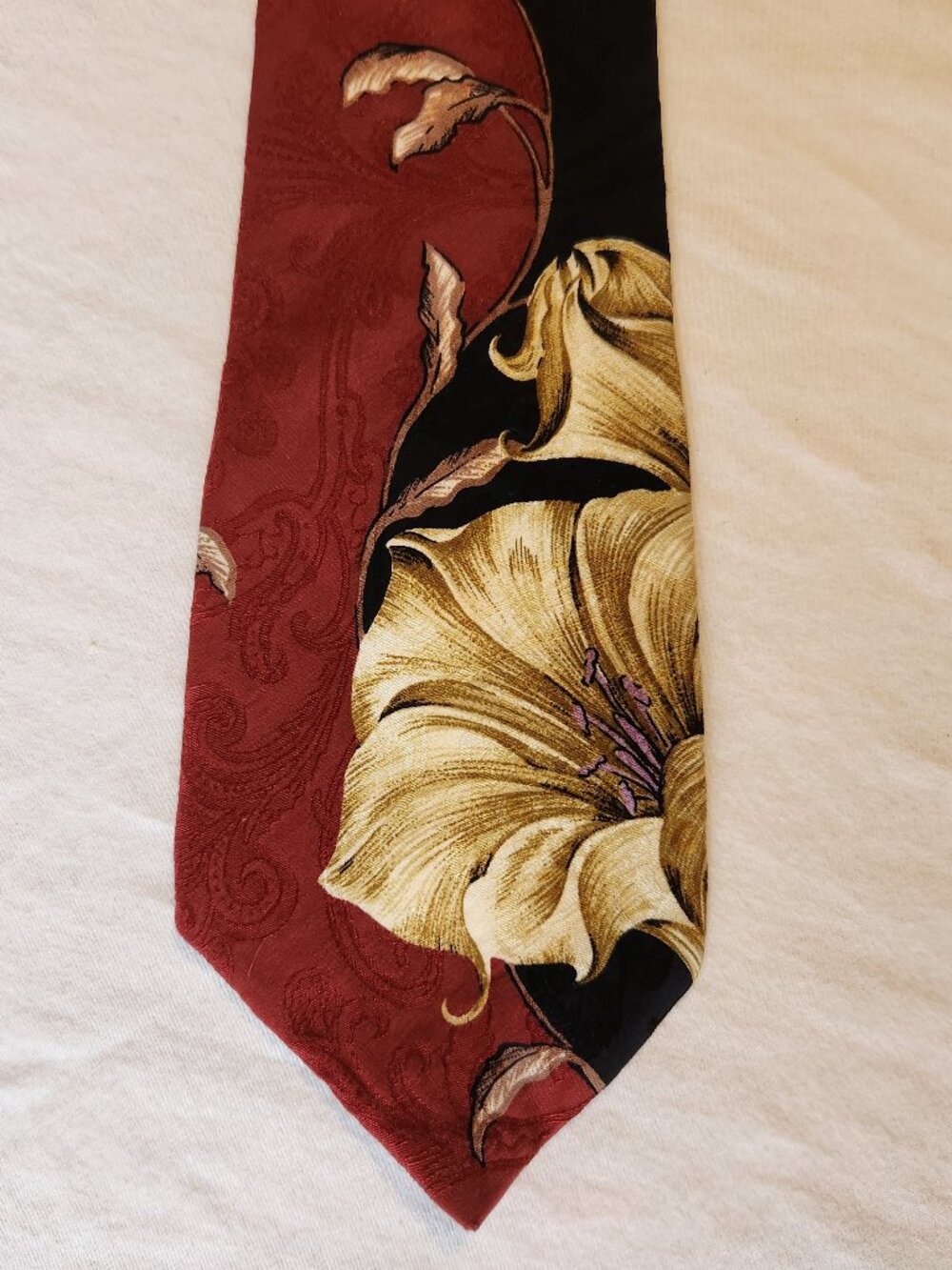 Oscar de la Renta Couture Mens Silk Tie Floral Red Black Gold Designer 57x3.5